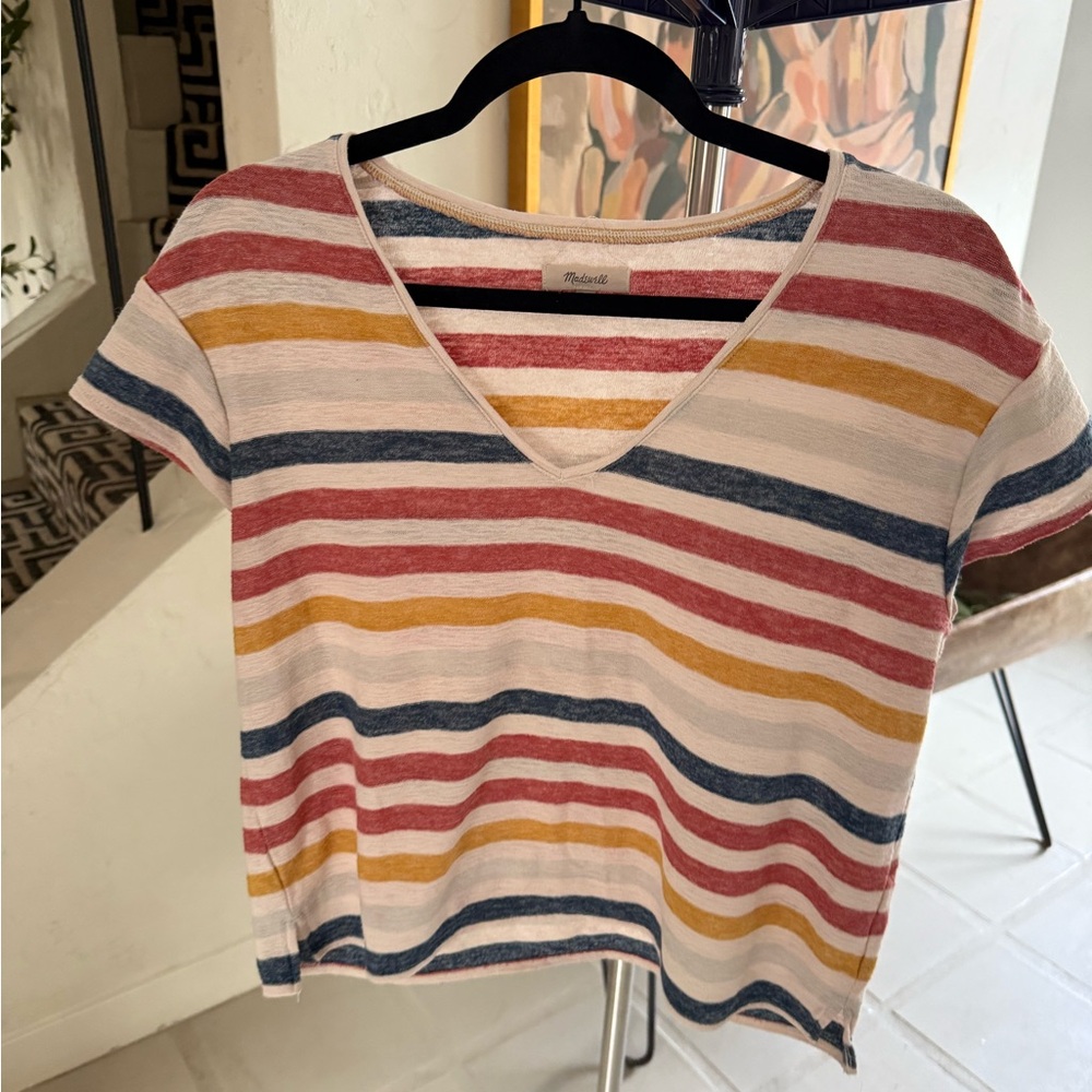 Madewell Striped V Neck Tee Size S Rainbow Stripe Casual Summer Top - Picture 5 of 9
